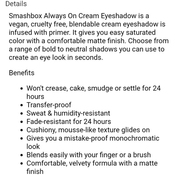 SMASHBOX ALWAYS ON CREAM 24-HOUR MATTE EYESHADOW INFUSED WITH PRIMER. - Picture 6 of 7